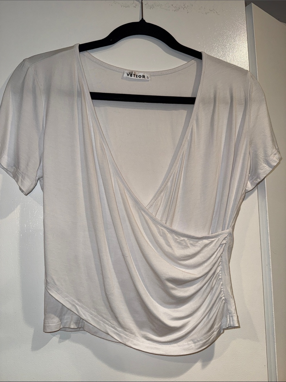 Veto White Draped Wrap-Front Short Sleeve Top